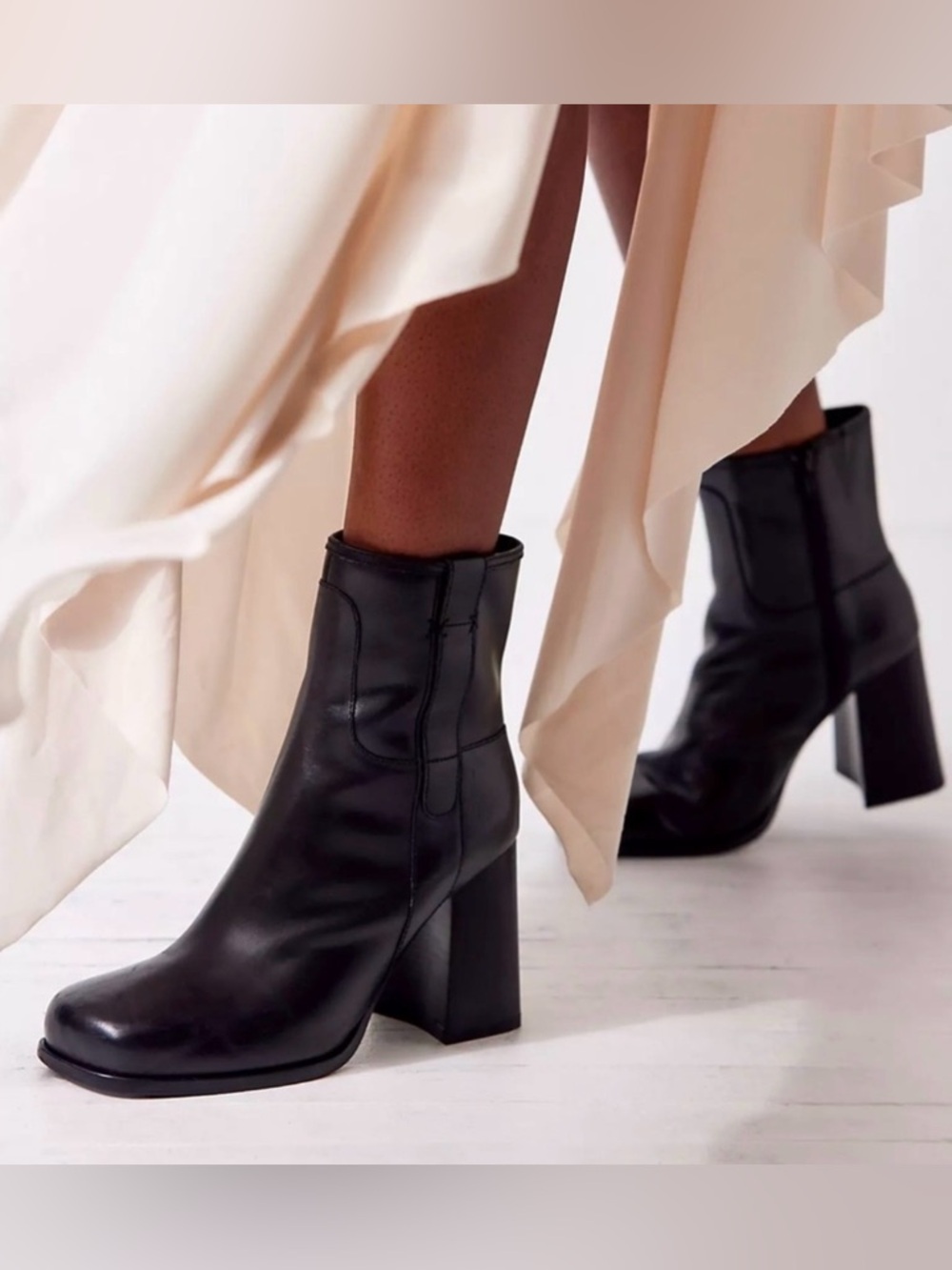 Free People Naomi Ankle Boots - Black Leather Block Heel - Women Size 8 - NWT